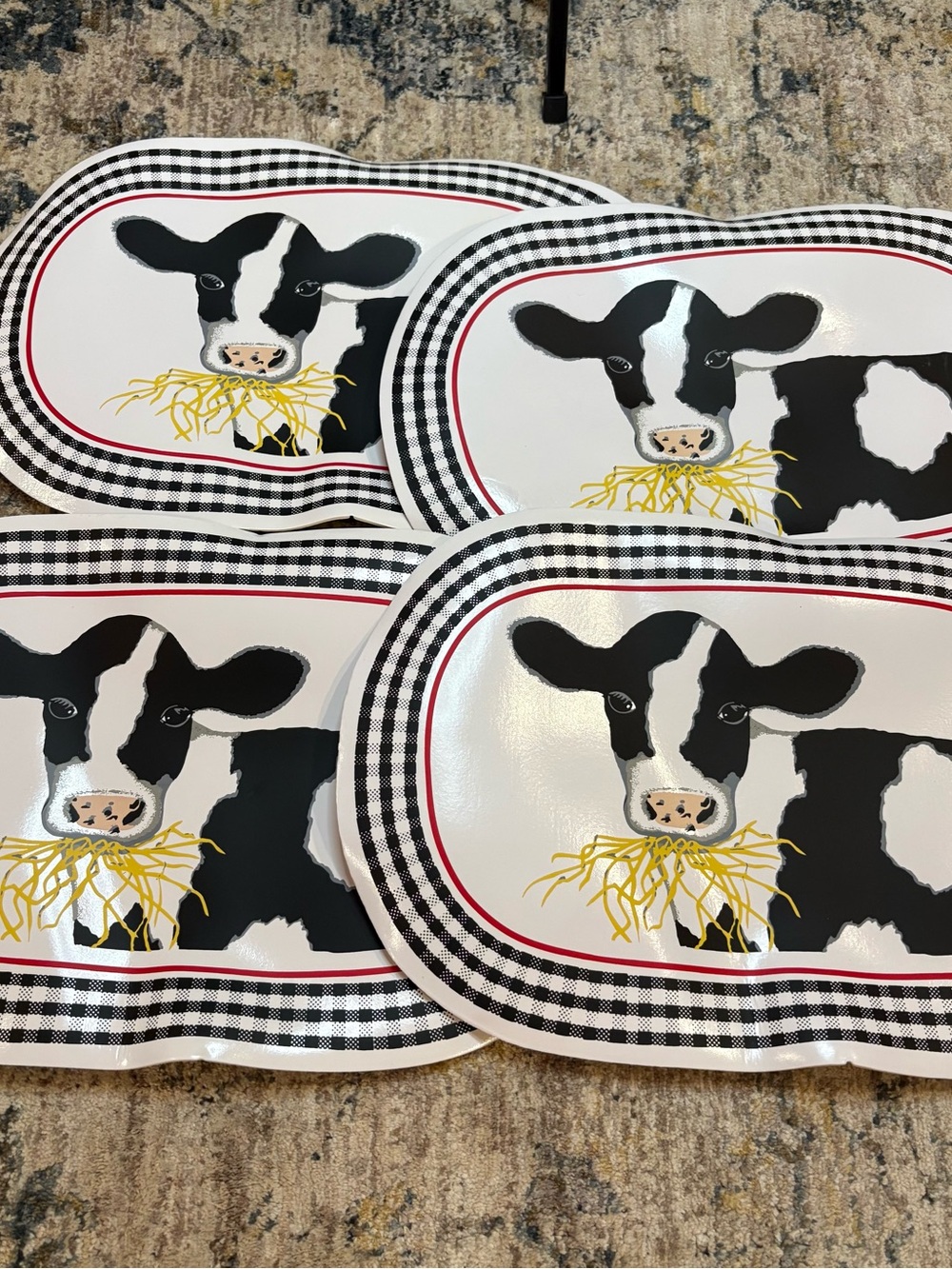 Vintage Set Of 4 Black/white Cow Vinyl Placemats Hay Farm Country K Mart